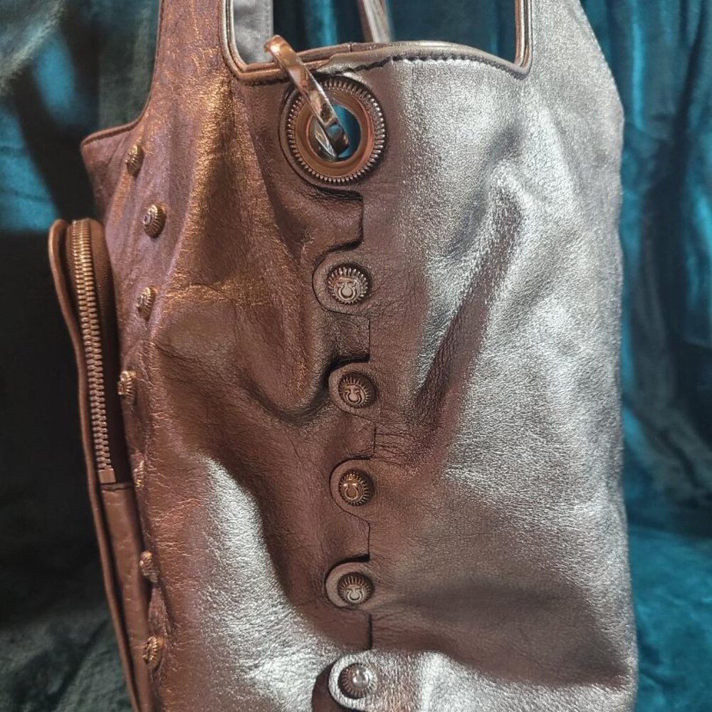 Salvatore Ferragamo-Metallic Leather UNIQUE Studded Hobo w/ Removable Strap - Picture 4 of 10